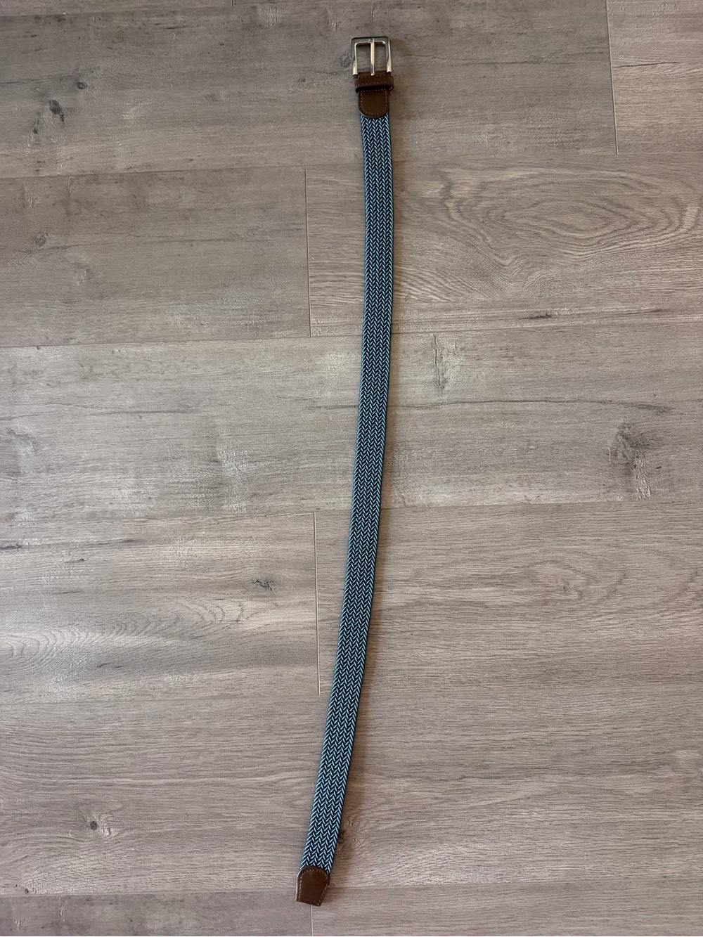 Blue Braided Elastic Belt with Brown Leather Accents